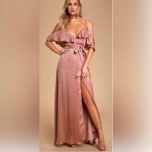 NEW Lulus Moriah Rose Satin Cold-Shoulder Wrap Maxi Dress